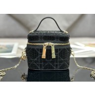 Lady Dior Micro Vanity Case In Black Cannage Cotton with Micropearl Embroidery