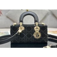 Dior Small Lady D-Joy Bag in Black Cannage Cotton with Micropearl Embroidery