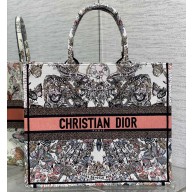 Dior Large Book Tote Bag in White and Pastel Pink Butterfly Around The World Embroidery