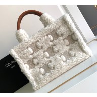 Celine small cabas thais bag in SHEARLING WITH TRIOMPHE EMBROIDERIES 199163 Natural / Tan