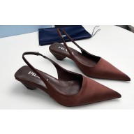 Prada Heel 4cm Satin Pointed Toe Slingbacks Coffee Spring 2024