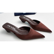 Prada Heel 4cm Satin Pointed Toe Mules Coffee Spring 2024