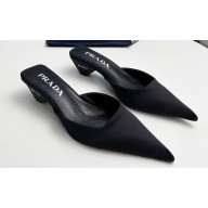 Prada Heel 4cm Satin Pointed Toe Mules Black Spring 2024