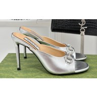 Gucci Heel 9.5cm leather Horsebit with crystals mid-heel slide sandals 771693 Silver 2024