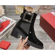 Roger Vivier Viv' Rangers Metal Buckle Chelsea Ankle Boots in Patent Leather Black 2024
