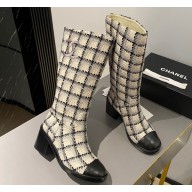 Chanel Heel 6.5cm CC Logo High Boots Tweed Check Beige 2024