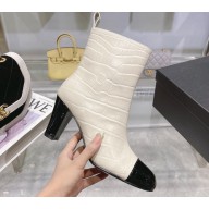 Chanel Heel 7.5cm Croco Pattern and Patent Calfskin Ankle Boots White/Black 2024