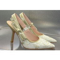 Dior Heel 9.5cm J'Adior Slingback Pumps in White and Gold-Tone Toile de Jouy Mexico Embroidered Cotton with Metallic Thread 2024