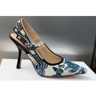 Dior Heel 9.5cm J'Adior Slingback Pumps in Pastel Midnight Blue Multicolor Embroidered Cotton with Toile de Jouy Mexico Motif 2024