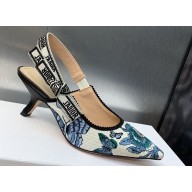 Dior Heel 6.5cm J'Adior Slingback Pumps Pastel Midnight Blue Multicolor Embroidered Cotton with Toile de Jouy Mexico Motif 2024