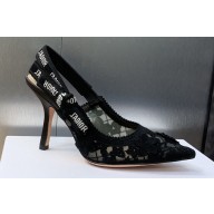 Dior Heel 9.5cm J'Adior Slingback Pumps in Transparent Mesh Embroidered with Black 3D Macramé-Effect D-Lace Motif 2024