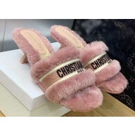 Dior Heel 6.5cm Dway Slide Sandals in Pink Shearling Fur and Embroidered Canvas 2024