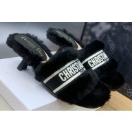 Dior Heel 6.5cm Dway Slide Sandals in Black Shearling Fur and Embroidered Canvas 2024