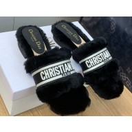 Dior Dway Flat Slide Sandals in Black Shearling Fur and Embroidered Canvas 2024