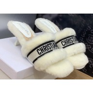 Dior Heel 6.5cm Dway Slide Sandals in White Shearling Fur and Embroidered Canvas 2024