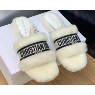 Dior Dway Flat Slide Sandals in White Shearling Fur and Embroidered Canvas 2024