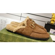 Gucci Merinos wool lining mules with Horsebit 771061 leather Suede Brown 2024