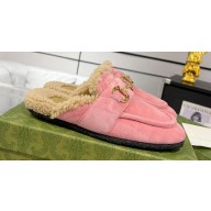 Gucci Merinos wool lining mules with Horsebit 771061 leather Suede Pink 2024