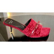 Gucci Heel 7cm GG velvet slide sandals with Patent leather bow detail 764182 Red 2024
