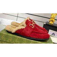 Gucci Merinos wool lining mules with Horsebit 771061 leather Suede Red 2024
