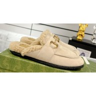 Gucci Merinos wool lining mules with Horsebit 771061 leather Suede Creamy 2024