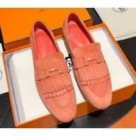 Hermes Royal loafer in suede goatskin Lobster Pink with fringe and tone-on-tone lacquered palladium-plated signature "H" detail
