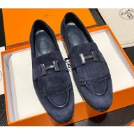 Hermes Royal loafer in suede goatskin Navy Blue with fringe and palladium-plated signature "H" detail