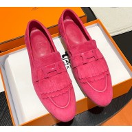 Hermes Royal loafer in suede goatskin Fuchsia with fringe and tone-on-tone lacquered palladium-plated signature "H" detail