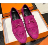 Hermes Royal loafer in suede goatskin Purple with fringe and tone-on-tone lacquered palladium-plated signature "H" detail