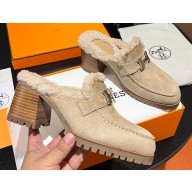 Hermes Heel 7.5cm Flore mule in suede goatskin Beige with shearling lining 2024