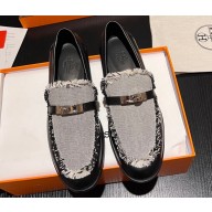 Hermes Destin loafer in calfskin Black and fringed H canvas with Kelly buckle