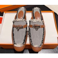 Hermes Oz mule in calfskin Brown/Black and fringed H canvas with Kelly buckle