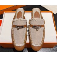 Hermes Oz mule in calfskin Brown and fringed H canvas with Kelly buckle