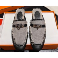 Hermes Oz mule in calfskin Black and fringed H canvas with Kelly buckle