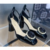 Dior Heel 8.5cm Rose Mary Jane Pumps in Black Patent Calfskin and White Resin Pearls 2024