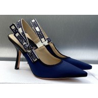 Dior Heel 9.5cm J'Adior Slingback Pumps in Dark Blue Embroidered Satin and Cotton 2024