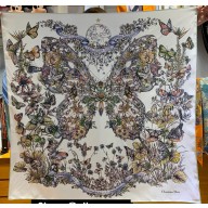 Dior Butterfly Around the World 90 Square Scarf  in White and Pastel Peyote Green Silk Twill 90x90cm 2024