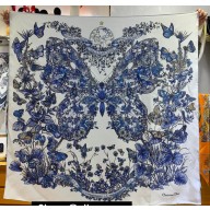 Dior Butterfly Around the World 90 Square Scarf  in White and Pastel Midnight Blue Silk Twill 90x90cm 2024