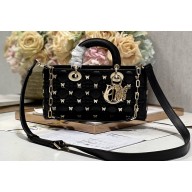 Dior Medium Lady D-Joy Bag in Black Cannage Lambskin with Gold-Finish Butterfly Studs 2024