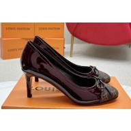 Louis Vuitton Patent Leather Burgundy and Monogram Canvas Stiletto Heel Pumps with Bow