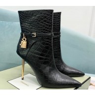 Tom Ford Heel 10.5cm Leather Padlock Ankle Boots Croco Pattern Black 2024