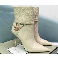 Tom Ford Heel 10.5cm Leather Padlock Ankle Boots Croco Pattern White 2024