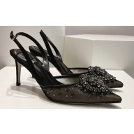 Rene Caovilla Heel 7.5cm Barbara Slingbacks Black in Leather, crystals and rhinestones 2024