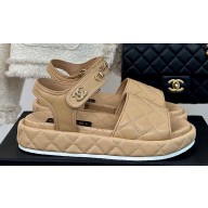 Chanel Heel 4cm Logo and Quilting Lambskin Beach Sandals Beige 2024