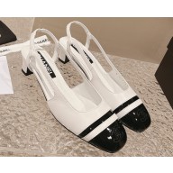 Chanel Heel 5cm CC Logo White and Black Patent Leather Slingbacks 2024