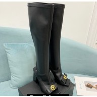 Versace Heel 10.5cm Gianni Ribbon Knee-High Boots Leather Black 2024