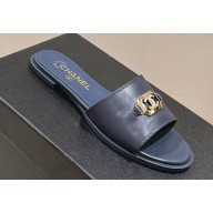 Chanel Shiny Calfskin & Metal Mules G45172 Navy Blue 2024