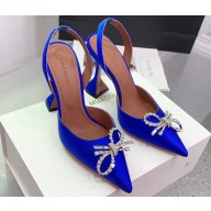 Amina Muaddi Heel 9.5cm Rosie Sling Satin Blue with Crystal embellished bow accessory