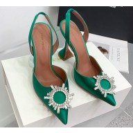 Amina Muaddi Heel 9.5cm Begum Sling Satin Green 02 with Starbust embellished brooch