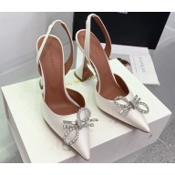 Amina Muaddi Heel 9.5cm Rosie Sling Satin White with Crystal embellished bow accessory